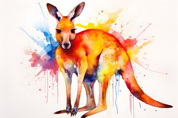 Modern colorful watercolor painting of a kangaroo, textured white paper background, vibrant paint splashes. Created with generative AI