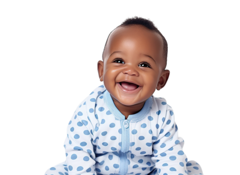 Smiling african baby boy sitting, isolated on white or transparent background. AI Generated.