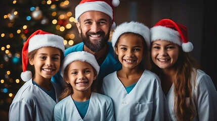 group of smiling doctors and patients in Santa hats on christmas tree background - obrazy, fototapety, plakaty