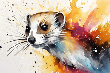 Modern colorful watercolor painting of a weasel, textured white paper background, vibrant paint splashes. Created with generative AI