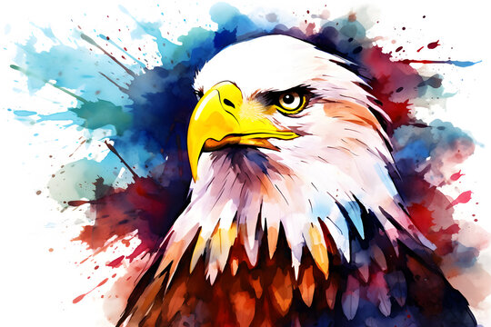 Modern colorful watercolor painting of an eagle, textured white paper background, vibrant paint splashes. Created with generative AI