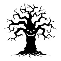 Halloween scary spooky smile tree silhouette. Vector illustration