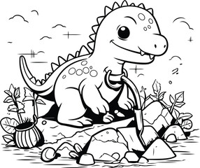 Cute cartoon dinosaur on the rocks. Vector illustration for coloring book.