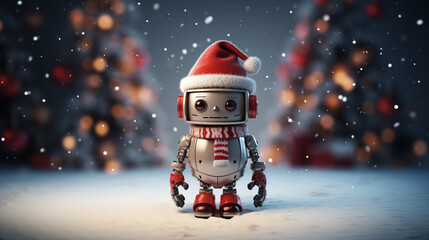 cute robot with christmas hat on christmas bokeh