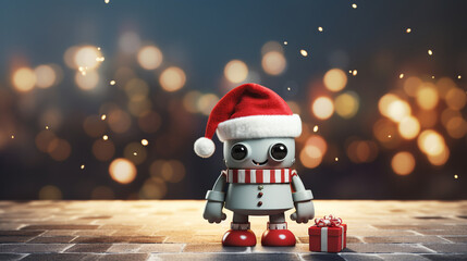 cute robot with christmas hat on christmas bokeh