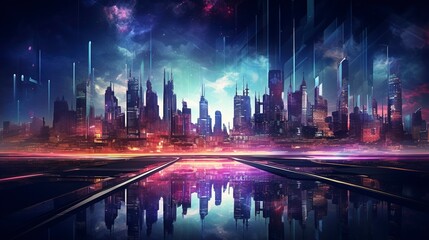 Fototapeta na wymiar Panorama of a night modern city with neon light. Generation AI