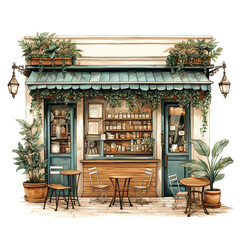 Cozy Small Coffee Shop Scene with Trees  Watercolor Clip Art