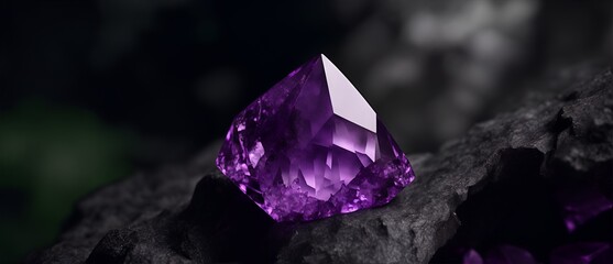 Shining beautiful amethyst gemstone embedded inside a stone in dark forest background from Generative AI