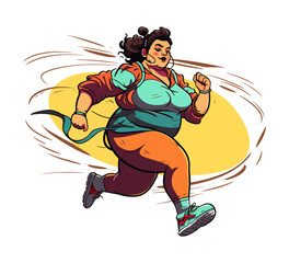 Fat woman fitness. Cartoon vector on a white background