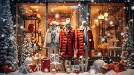 a group of mannequins in winter clothes in a Christmas window