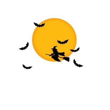 Bruja volando sobre su escoba, con la luna brillando y murci&eacute;lago