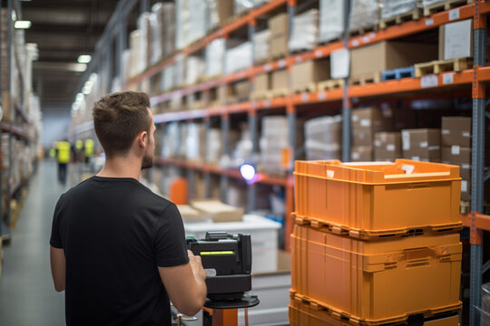 In a bustling fulfillment center, a male operator directs a fleet of robotic order pickers and packers, streamlining the order processing for efficient e-commerce operations. 
