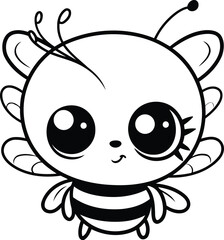 Cute cartoon bee isolated on white background. Black and white vector illustration.