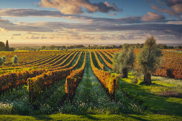 Bolgheri vineyards and olive trees at sunset. Maremma, Tuscany, Italy
