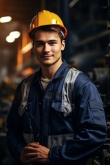 Obraz premium Industry maintenance engineer man wearing uniform and safety hard hat on factory station. Industry, Engineer, construction concept.