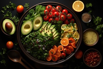 Overhead view of delicious vegetable salad with various ingredients on black plate