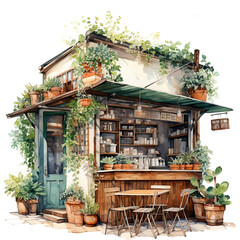Cozy Small Coffee Shop Scene with Trees  Watercolor Clip Art