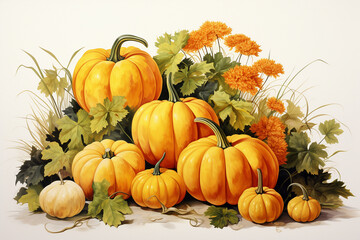 Naklejka na ściany i meble Beautiful illustration of a pumpkin patch in a vintage style.
