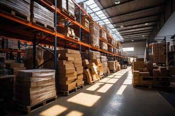 Warehouse storage interior with shelves loaded with goods