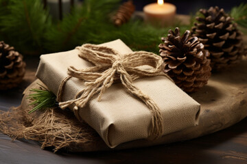 Fototapeta na wymiar Hand-wrapped Gift With Burlap And Pinecone Adornment