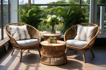 Straw chairs and table arrangement in a balcony for nice weather