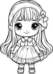 Cute little girl with long hair. Vector illustration for coloring book.