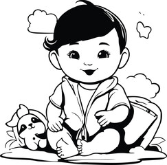 Black and White Cartoon Illustration of Cute Little Baby Boy Playing with Dog