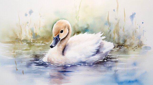 A watercolor painting of a duck in the water
