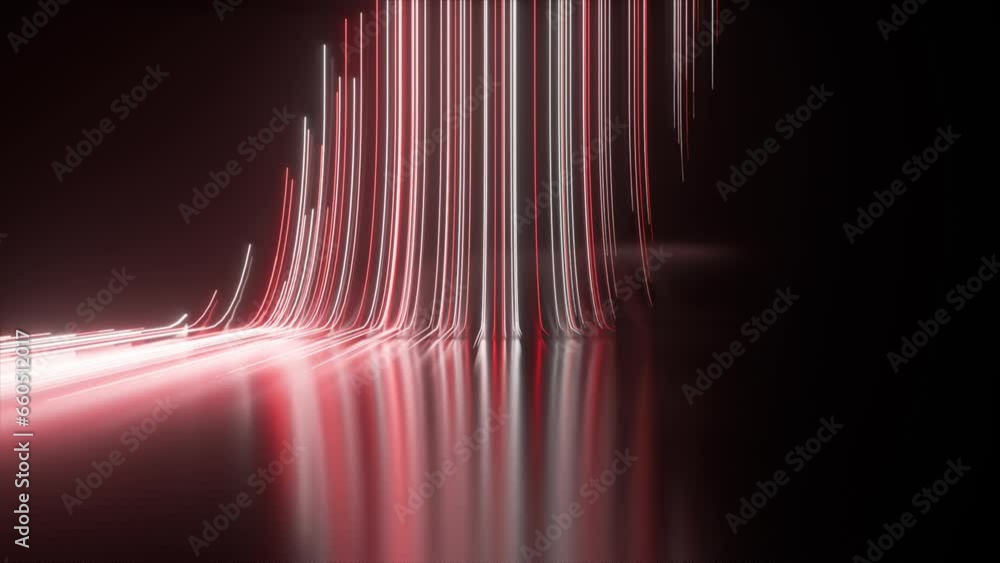 Poster abstract black background with red white neon lines go up and disappear. 3d animation