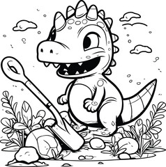 Cartoon dinosaur with a shovel. Vector illustration for coloring book.