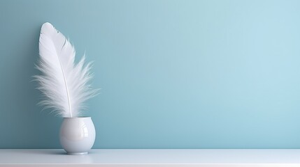 A white vase with a white feather in it