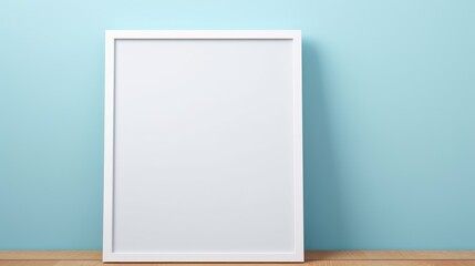 A picture frame on a wooden floor against a blue wall