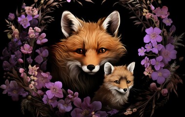 Obraz premium A painting of a fox and a baby fox