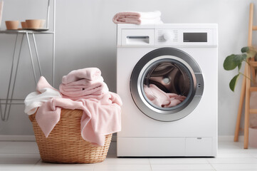 Laundry room with washing machine and laundry basket, Clean pink linen in the bathroom