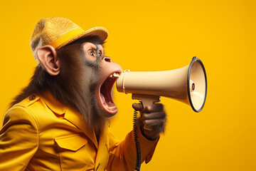 a cute monkey with a megaphone on a yellow background 3d rendering AI generative  