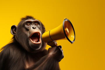 a cute monkey with a megaphone on a yellow background 3d rendering AI generative  