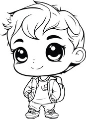 Cute little boy with backpack. Vector illustration for coloring book.
