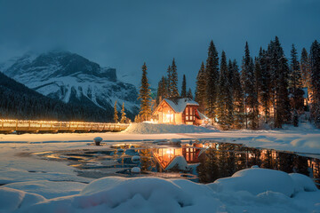 Emerald Lake with snow covered and wooden lodge glowing in pine forest on winter at Yoho national...