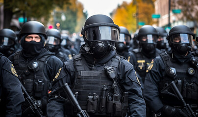 Group riot police with protective gear and shields standing on the streets by protest. - obrazy, fototapety, plakaty