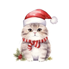 cute Santa cat. wearing santa hat. watercolor illustration. Christmas costume