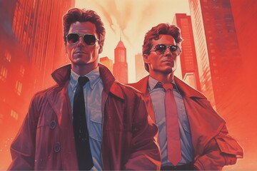 Two men standing in front and buildings on the background. Blockbuster poster 80s. Movie poster concept