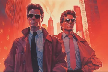 Two men standing in front and buildings on the background. Blockbuster poster 80s. Movie poster concept © Canvas Alchemy