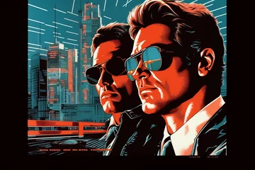 Two men standing in front and buildings on the background. Blockbuster poster 80s. Movie poster concept © Canvas Alchemy