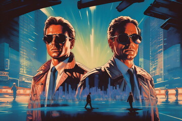 Two men standing in front and buildings on the background. Blockbuster poster 80s. Movie poster concept - obrazy, fototapety, plakaty