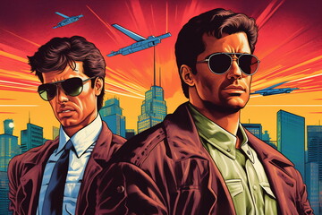 Two men standing in front and buildings on the background. Blockbuster poster 80s. Movie poster concept © Canvas Alchemy