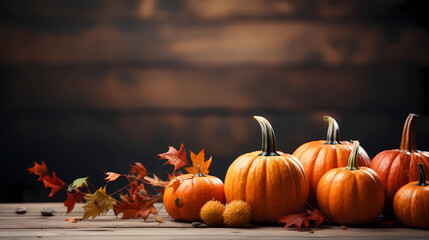 Halloween banner, orange pumpkins on a wooden table