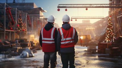 two construction workers are standing on christmas decoration construction - obrazy, fototapety, plakaty