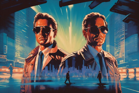 Two men standing in front and buildings on the background. Blockbuster poster 80s. Movie poster concept
