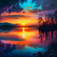 beautiful colorful sunset over a lake impressionism art 