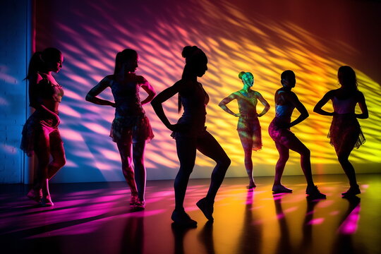 Group of professional dancers are dancing modern contemporary on a colorful background